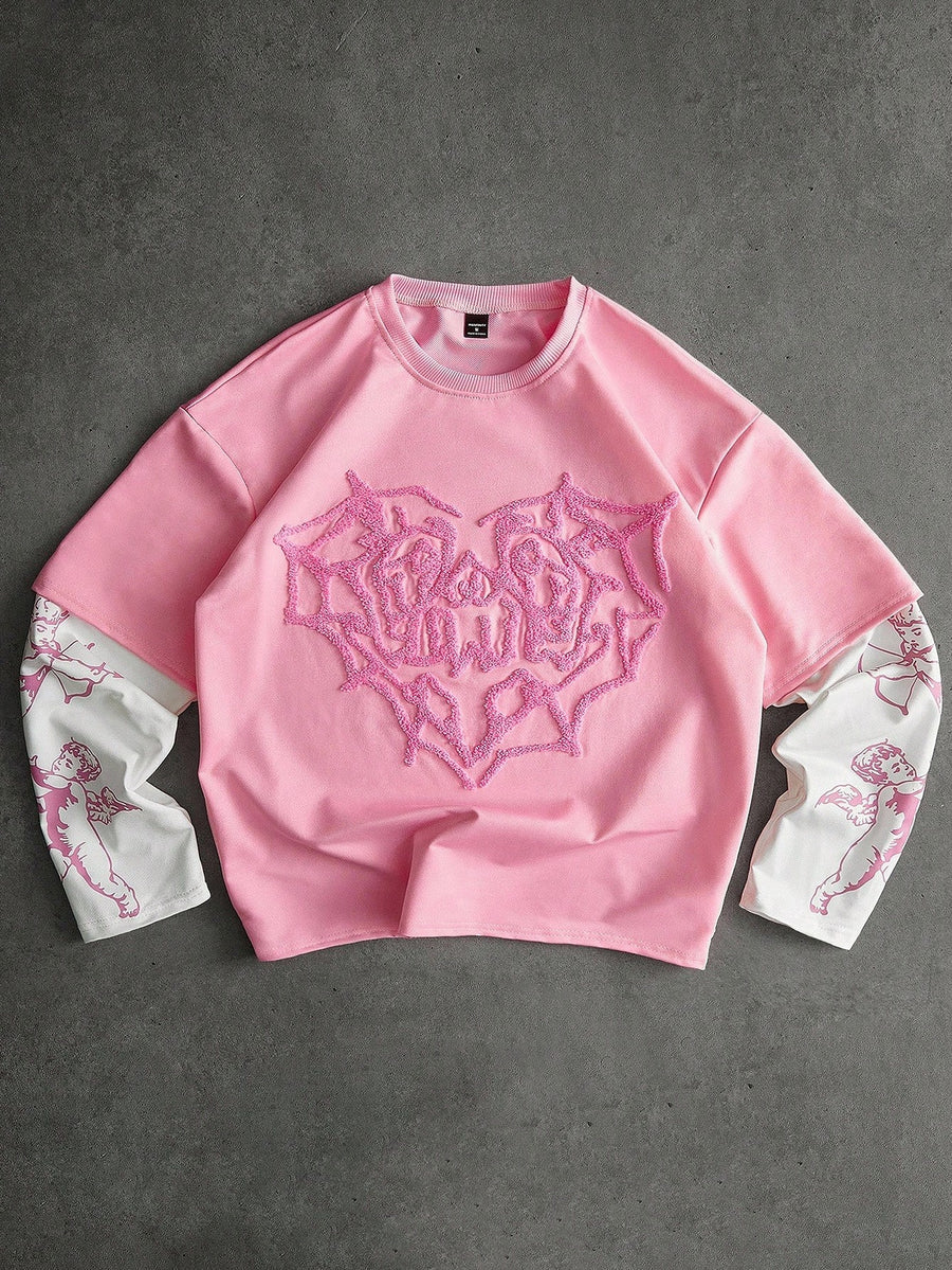 PAVTROS Manfinity Streetrush Men's Light Pink Autumn Graphic Y2k City Break Angel Cupid Print Embroidered Heart 2 In 1 T-Shirt,Streetwear 2000s Style Tee